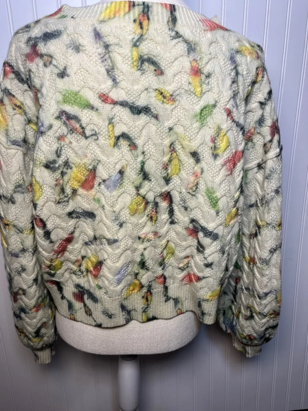 Anthropologie “Catch of the Day” fish lure design cable knit 100% lambswool